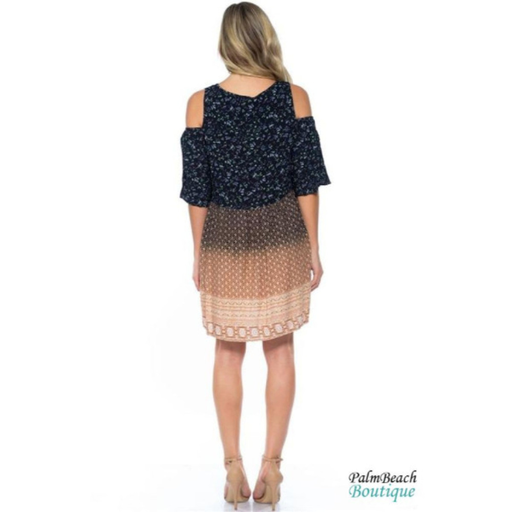 Bohemian Boho Style Navy Camel Cold Shoulder Dress - Picture 4 of 4